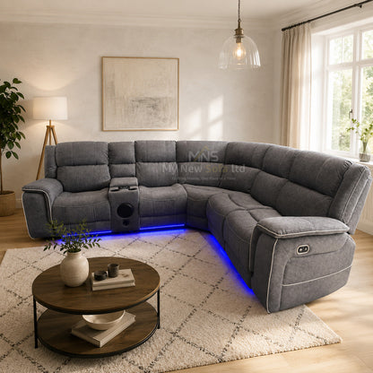 Hannah Grey Microfibre Electric Recliner Sofa Set with USB, LED Lights & Bluetooth Speakers
