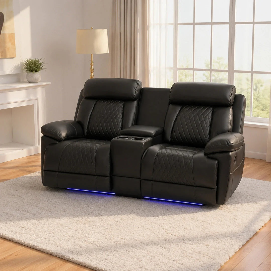 Carlisle 3+2 Seater Leather Recliner Sofa Set with LED Lights, Cooling Cup Holders, USB-C and Storage