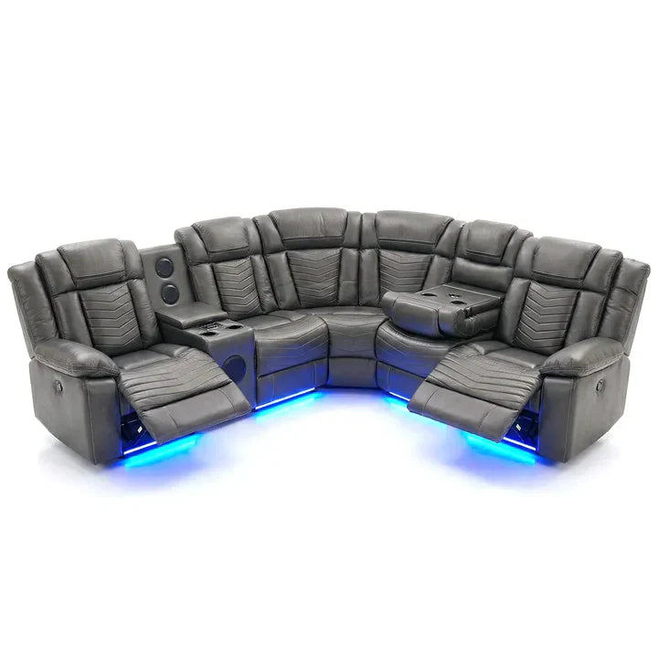 Michigan Zeus Leather Electric Recliners Corner Sofa With Cupholders (Black/Grey/Brown)- Bluetooth Speakers/LED Lights