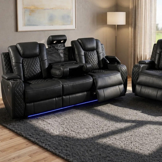 Emily 3+2 Seater Leather Electric Recliner Sofa Set – Black, Grey & Cream with LED Lights, Bluetooth Speakers, Cooling Cup Holders & USB Ports