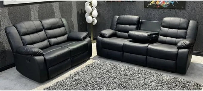 Leather Recliner Sofa with Cupholders - 3+2 Seater Sofa - Black (3+2 Seater)