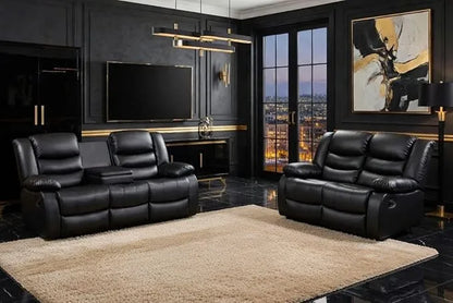 Leather Recliner Sofa with Cupholders - 3+2 Seater Sofa - Black (3+2 Seater)