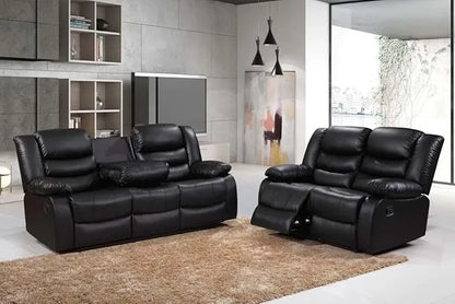 Leather Recliner Sofa with Cupholders - 3+2 Seater Sofa - Black (3+2 Seater)