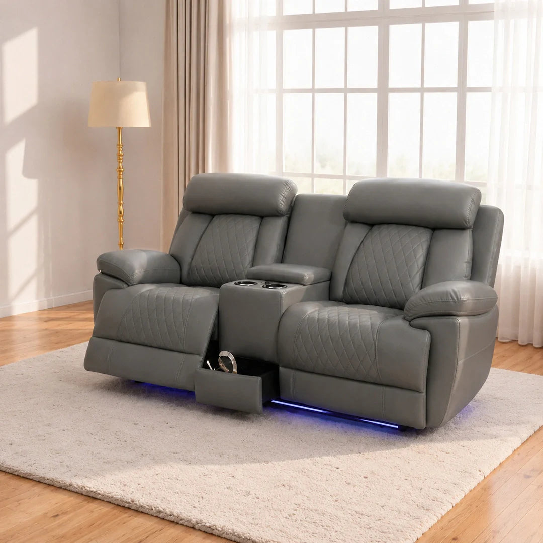 Carlisle 3+2 Seater Leather Recliner Sofa Set with LED Lights, Cooling Cup Holders, USB-C and Storage
