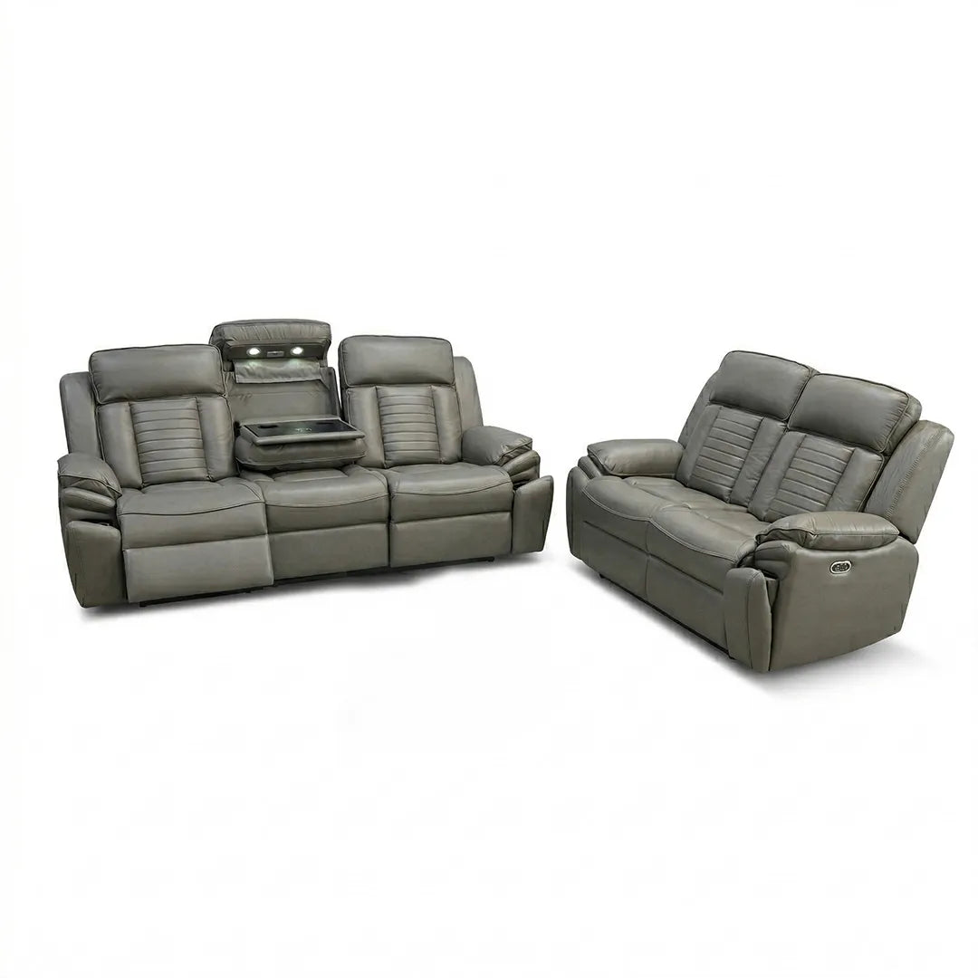 Savilla Electric Leather Recliner Sofa Set – 3+2 Seater with Cup Holders, USB & Type-C Charging Ports, LED Lighting & Wireless Charging, Black & Grey
