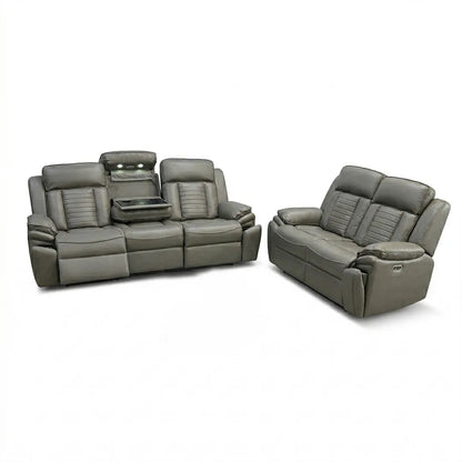 Savilla Electric Leather Recliner Sofa Set – 3+2 Seater with Cup Holders, USB & Type-C Charging Ports, LED Lighting & Wireless Charging, Black & Grey