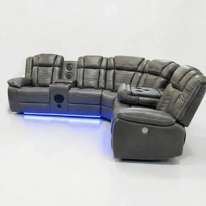Michigan Zeus Leather Electric Recliners Corner Sofa With Cupholders (Black/Grey/Brown)- Bluetooth Speakers/LED Lights