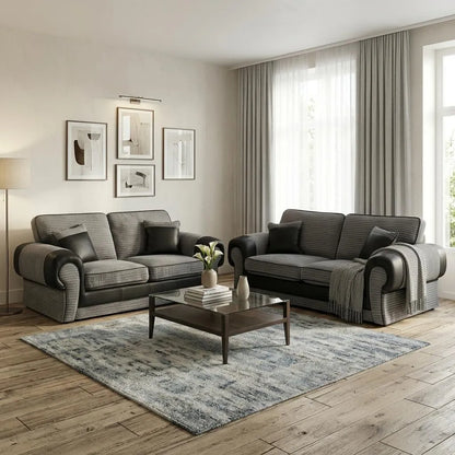 Tango 3+2 Seater Sofa Set – Jumbo Cord Fabric with Leather Detail  Grey & Brown