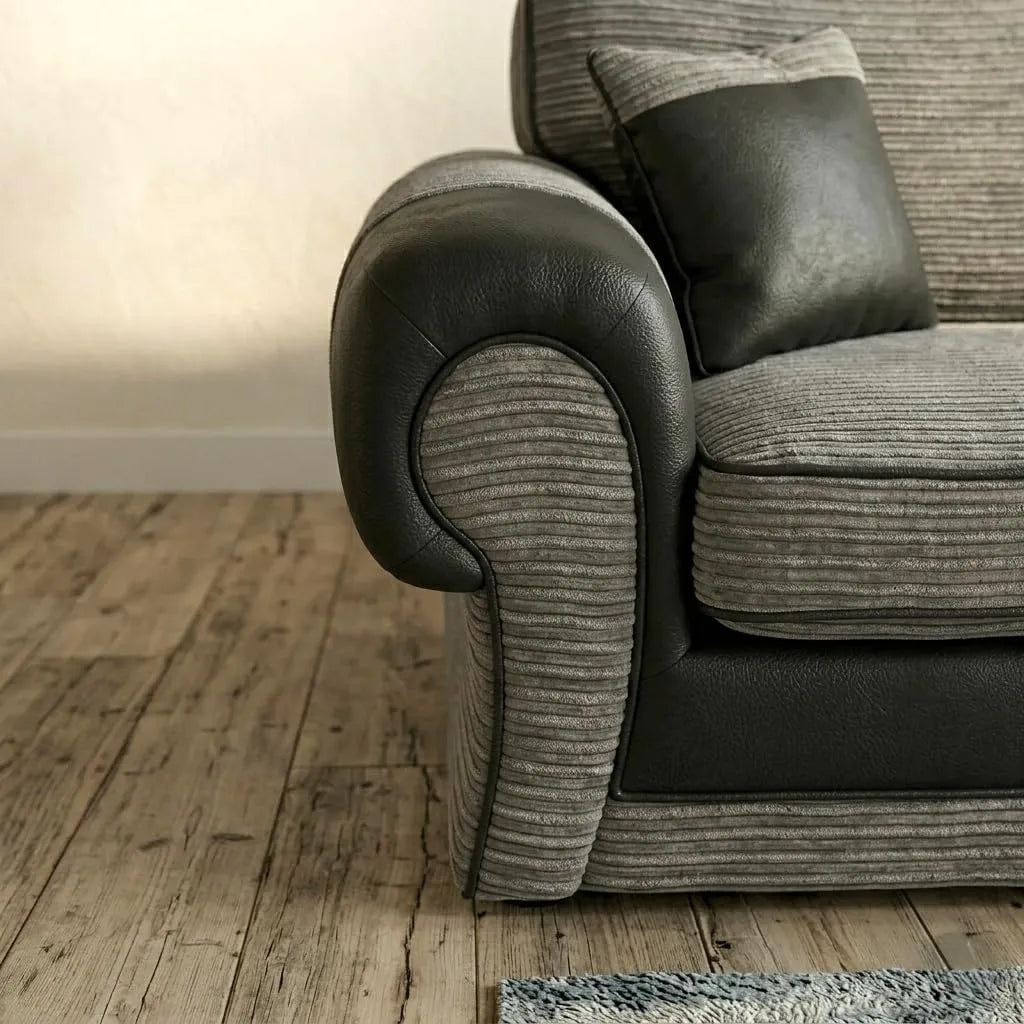 Tango 3+2 Seater Sofa Set – Jumbo Cord Fabric with Leather Detail  Grey & Brown