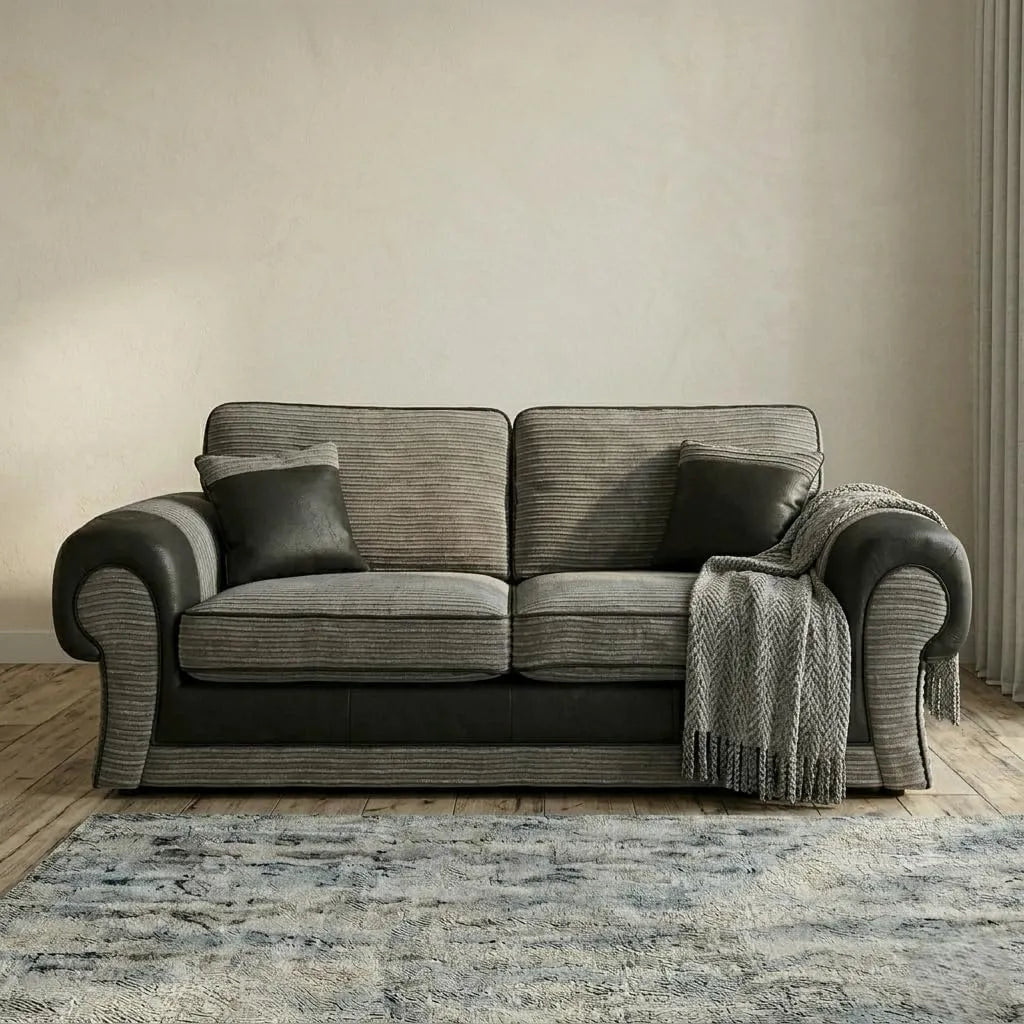 Tango 3+2 Seater Sofa Set – Jumbo Cord Fabric with Leather Detail  Grey & Brown