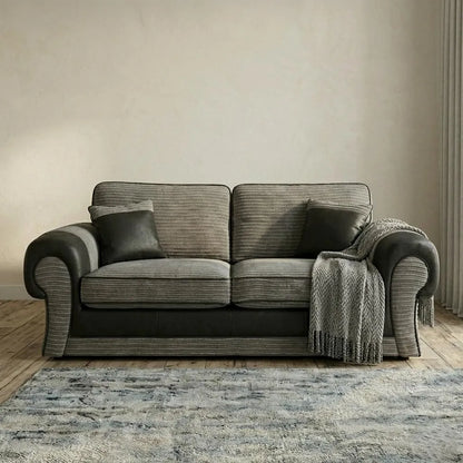 Tango 3+2 Seater Sofa Set – Jumbo Cord Fabric with Leather Detail  Grey & Brown