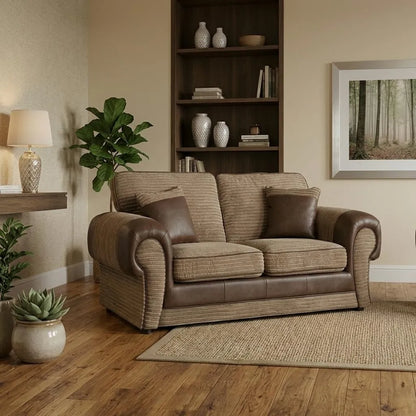 Tango 3+2 Seater Sofa Set – Jumbo Cord Fabric with Leather Detail  Grey & Brown