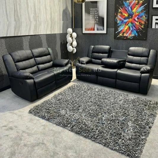 MNS Leather Recliner Sofa with Cupholders - 3+2 Seater Sofa - Black (3+2 Seater)
