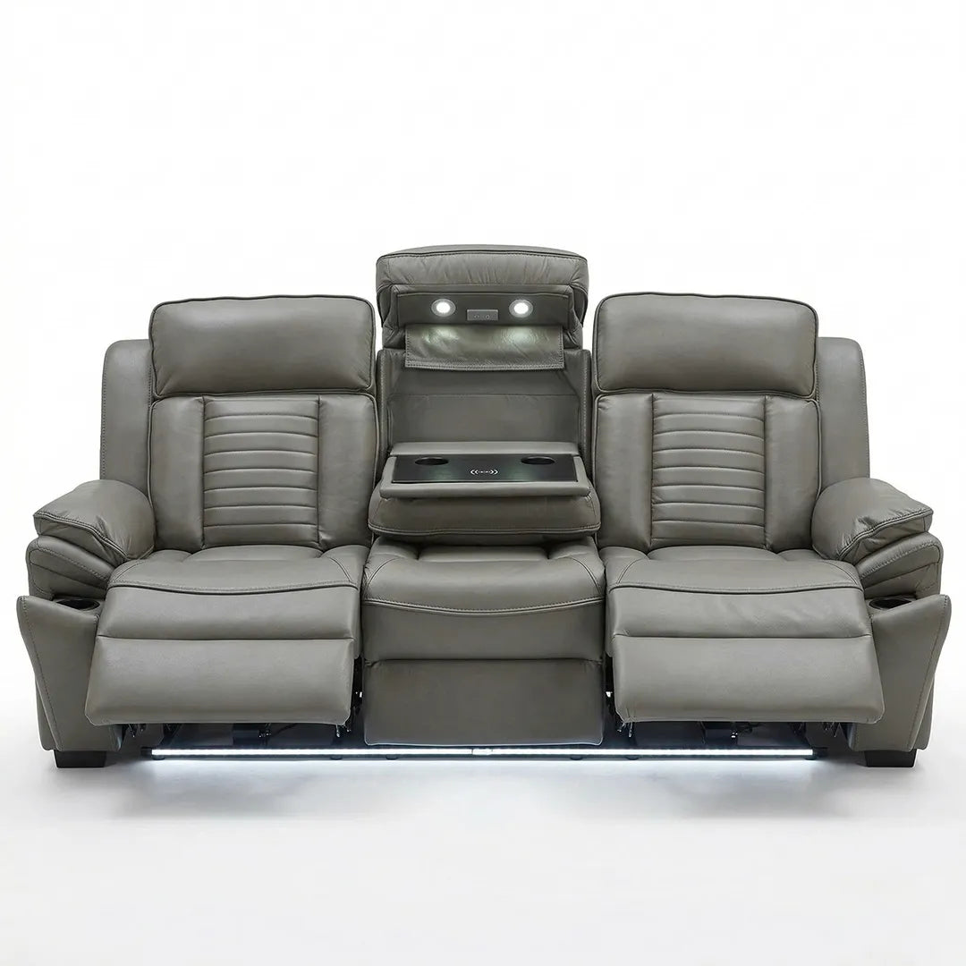 Savilla Electric Leather Recliner Sofa Set – 3+2 Seater with Cup Holders, USB & Type-C Charging Ports, LED Lighting & Wireless Charging, Black & Grey