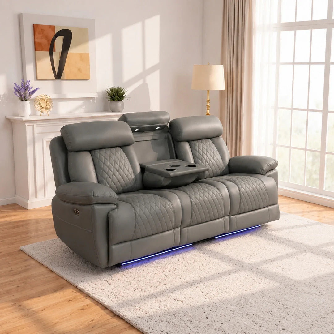 Carlisle 3+2 Seater Leather Recliner Sofa Set with LED Lights, Cooling Cup Holders, USB-C and Storage