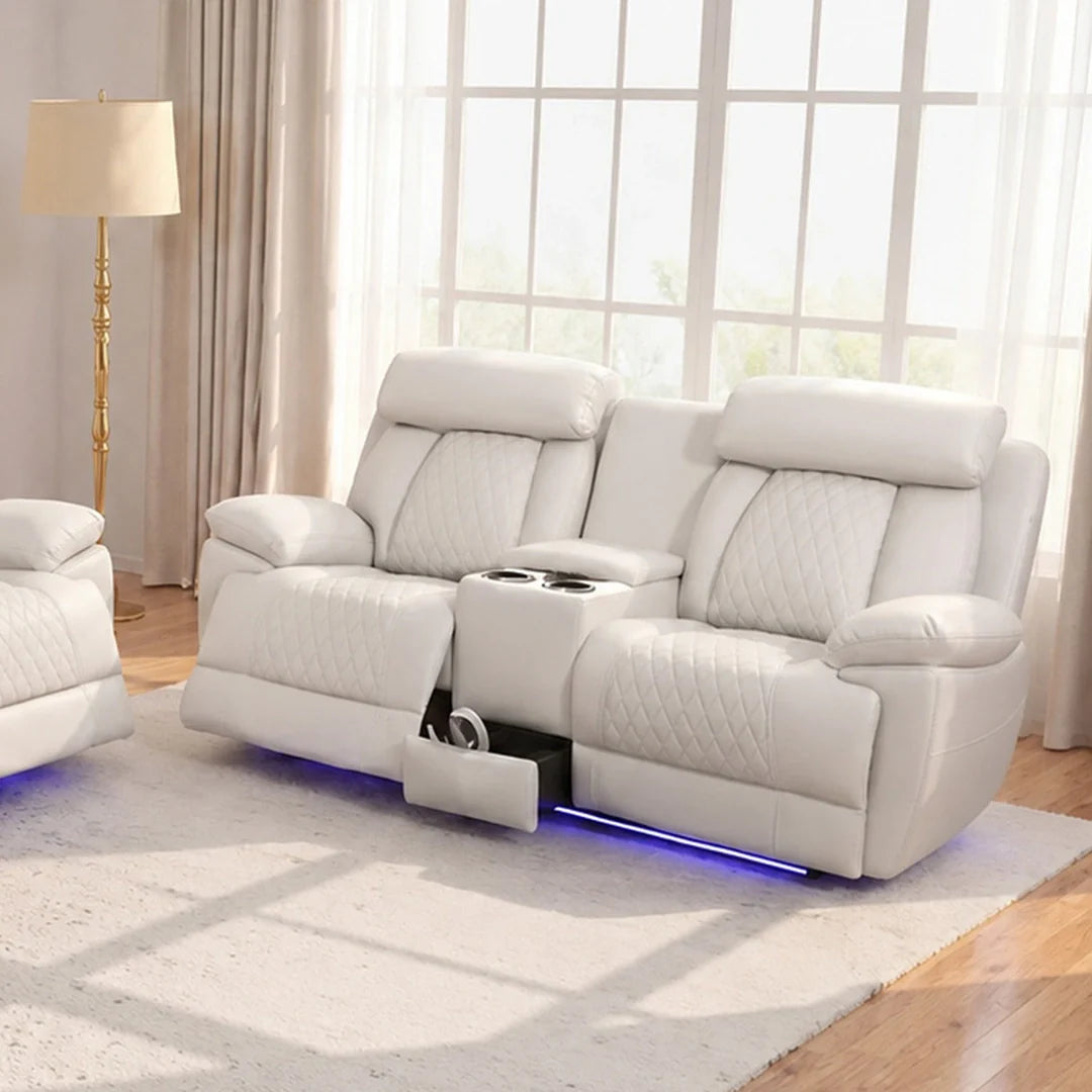 Carlisle 3+2 Seater Leather Recliner Sofa Set with LED Lights, Cooling Cup Holders, USB-C and Storage