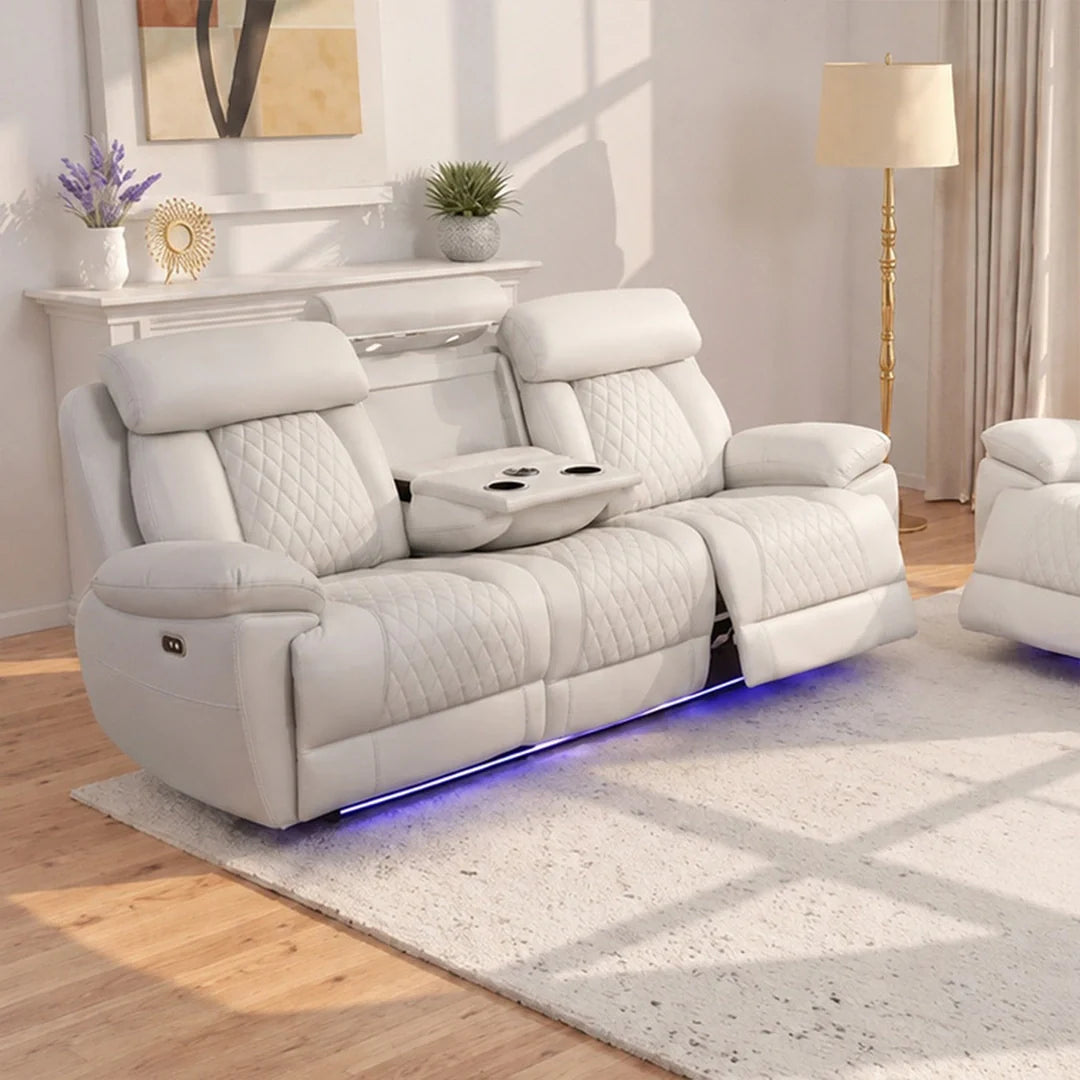Carlisle 3+2 Seater Leather Recliner Sofa Set with LED Lights, Cooling Cup Holders, USB-C and Storage