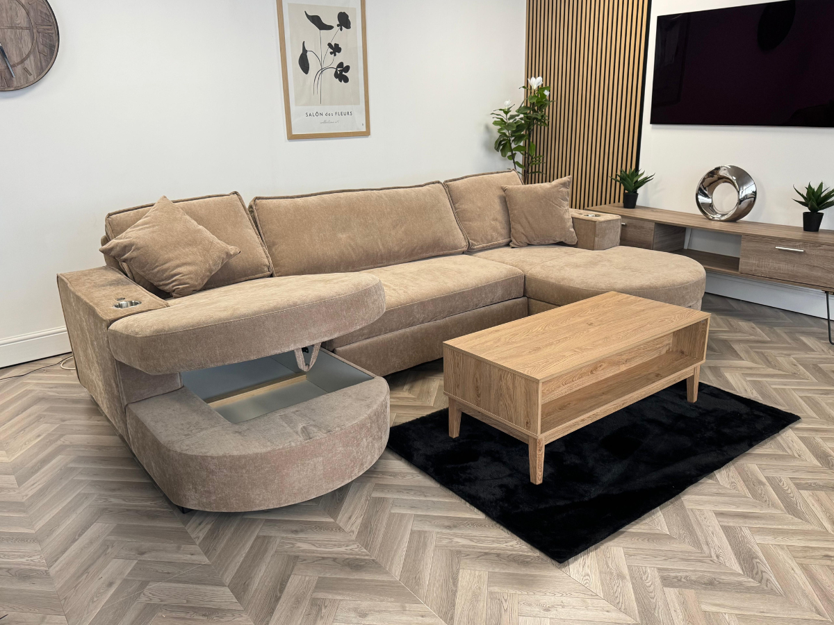 Belrosa U Shape Sofa Bed with Storage Mocha Kensington Fabric