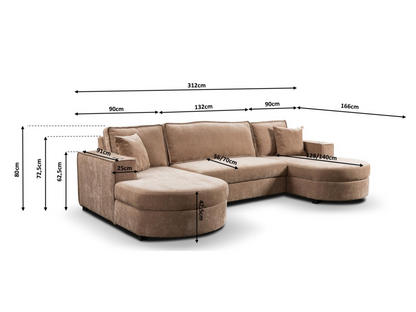 Belrosa U Shape Sofa Bed with Storage Mocha Kensington Fabric