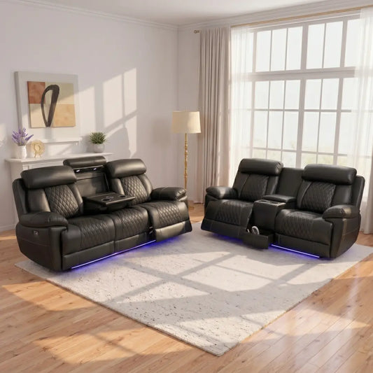 Carlisle 3+2 Seater Leather Recliner Sofa Set with LED Lights, Cooling Cup Holders, USB-C and Storage
