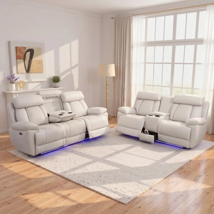 Carlisle 3+2 Seater Leather Recliner Sofa Set with LED Lights, Cooling Cup Holders, USB-C and Storage