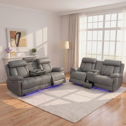 Carlisle 3+2 Seater Leather Recliner Sofa Set with LED Lights, Cooling Cup Holders, USB-C and Storage