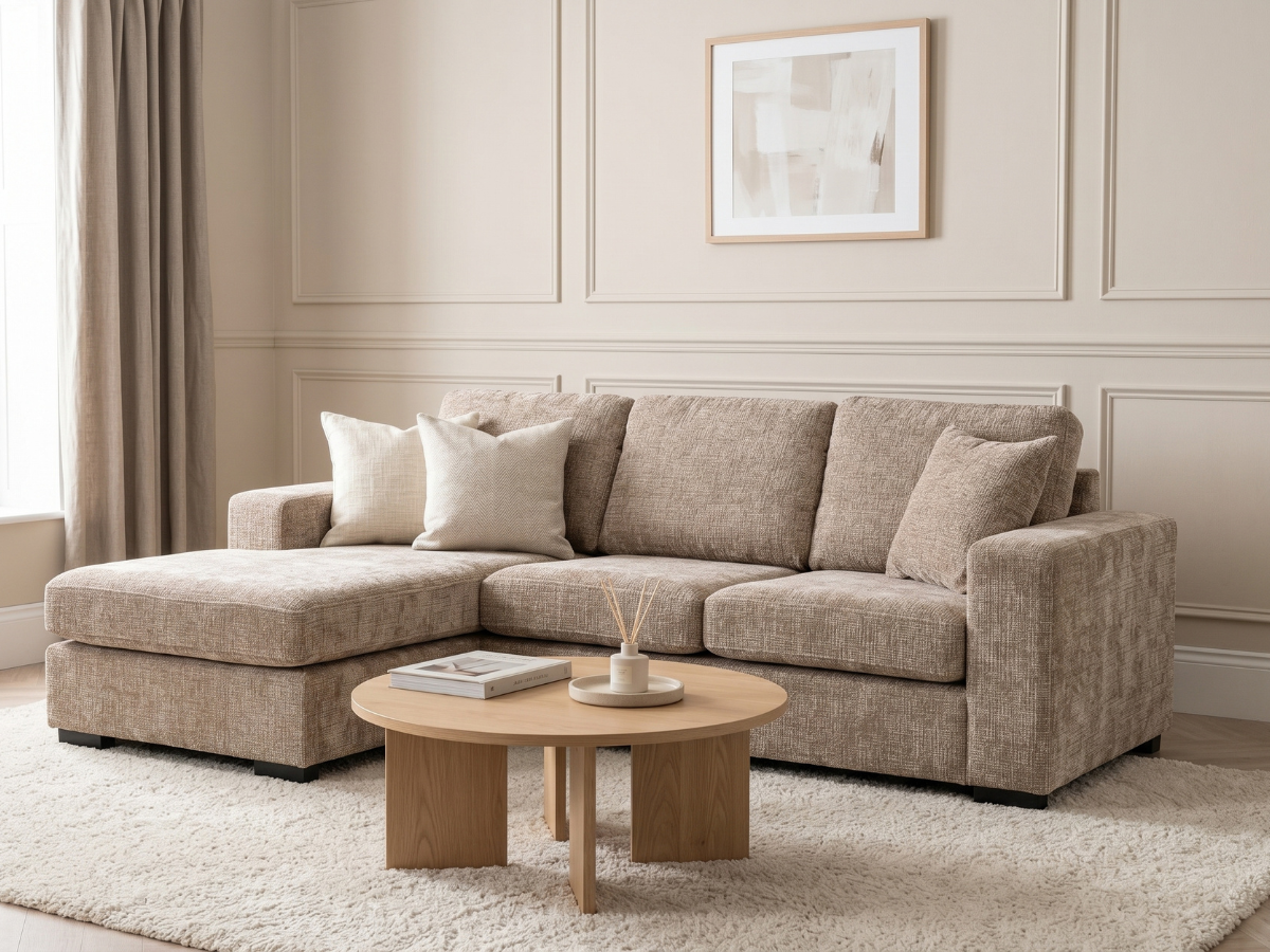 Chestnut Chaise Sofa Beige Enzo Fabric