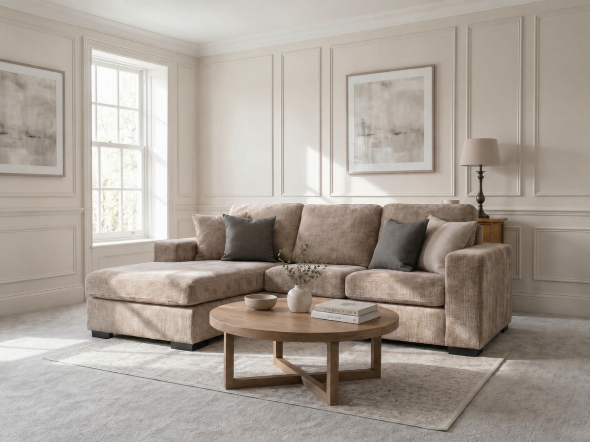 Chestnut Chaise Sofa Beige Enzo Fabric