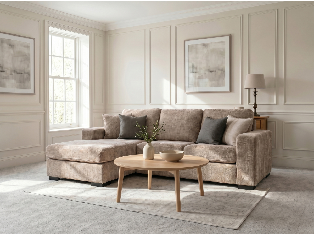 Chestnut Chaise Sofa Beige Enzo Fabric