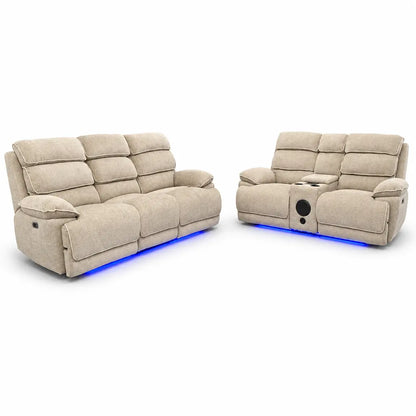 Lakelyn 3 + 2 Fabric Beige or Grey Electric Power Recliner Sofa Set - Large Seating with Bluetooth Speakers & Wireless Charging pads