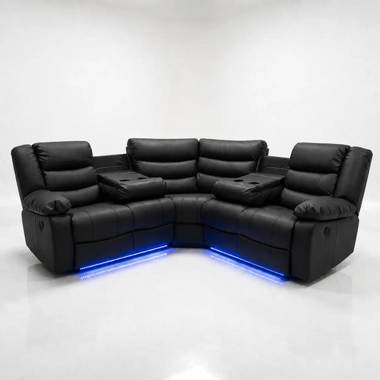 Roma Leather Electric Recliner Corner Sofa – Grey & Black with LED Lights, Cup Holders & USB Ports