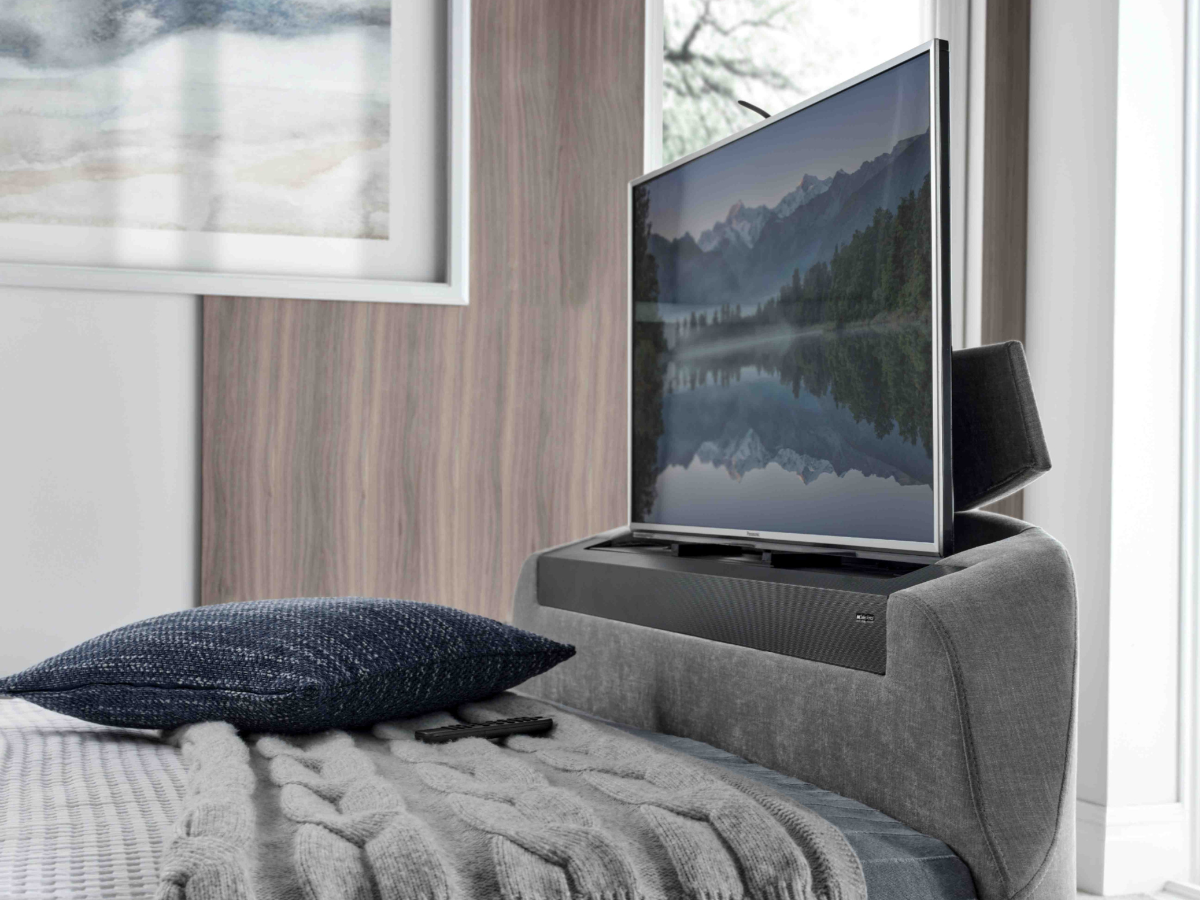Darras TV Bed Frame with Dolby Atmos System Grey Fabric
