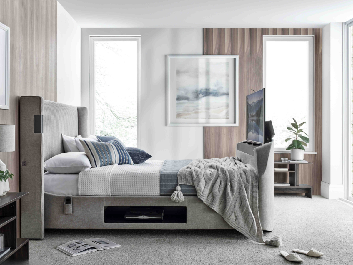 Darras TV Bed Frame with Dolby Atmos System Grey Fabric