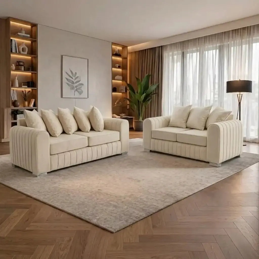 Lily Velvet Fabric Sofa Set 3+2 Seater Suite with Scatter Back Cushions in Grey, Black, Cream & Blue