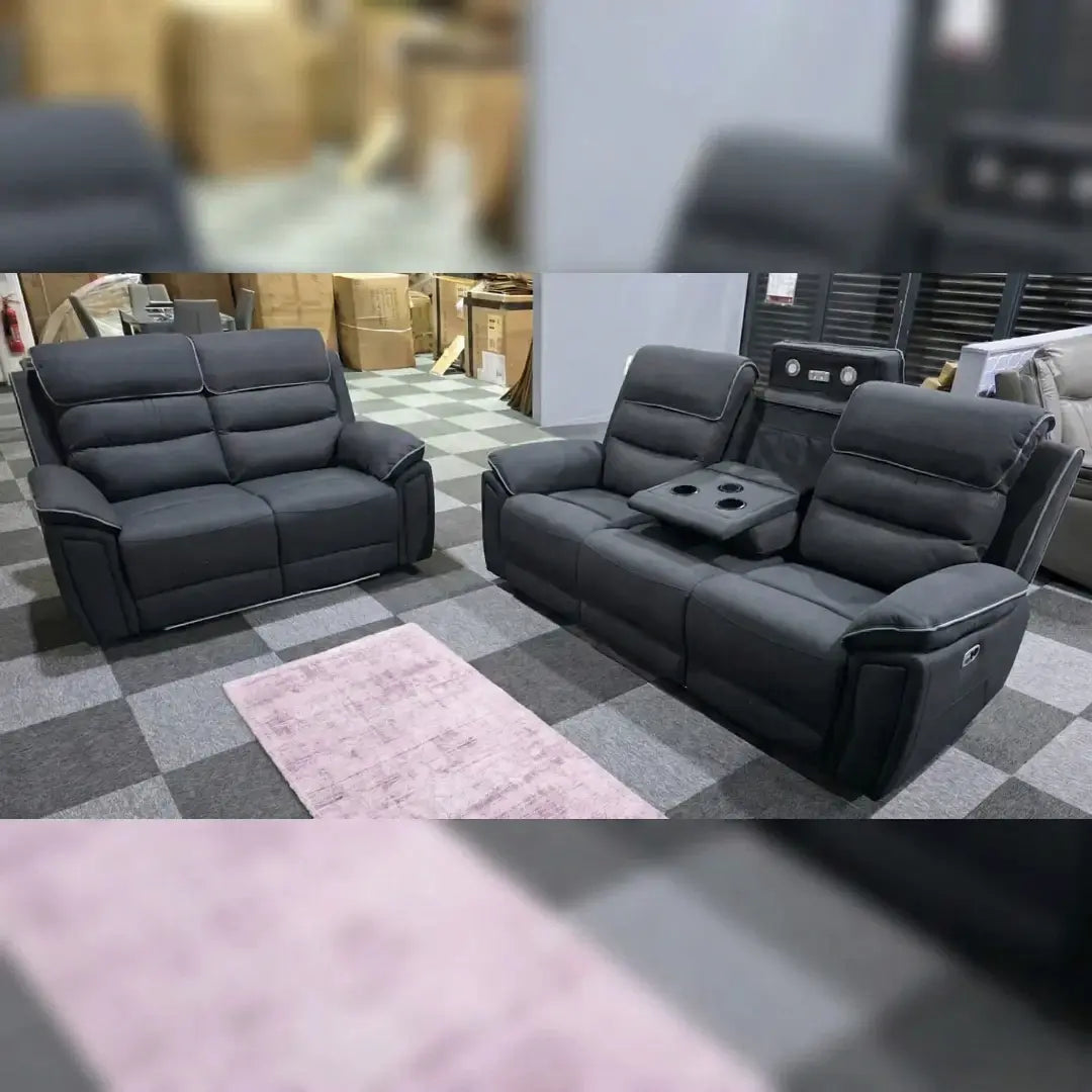 Venice Electric Recliner Sofa Set, Fabric, 3 and 2 Seater, Platinum, with USB, Type C, LED, and Reading Lights