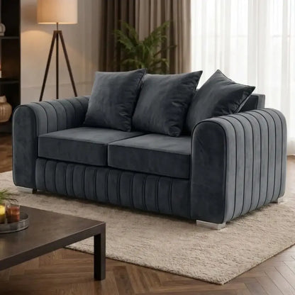 Lily Velvet Fabric Sofa Set 3+2 Seater Suite with Scatter Back Cushions in Grey, Black, Cream & Blue