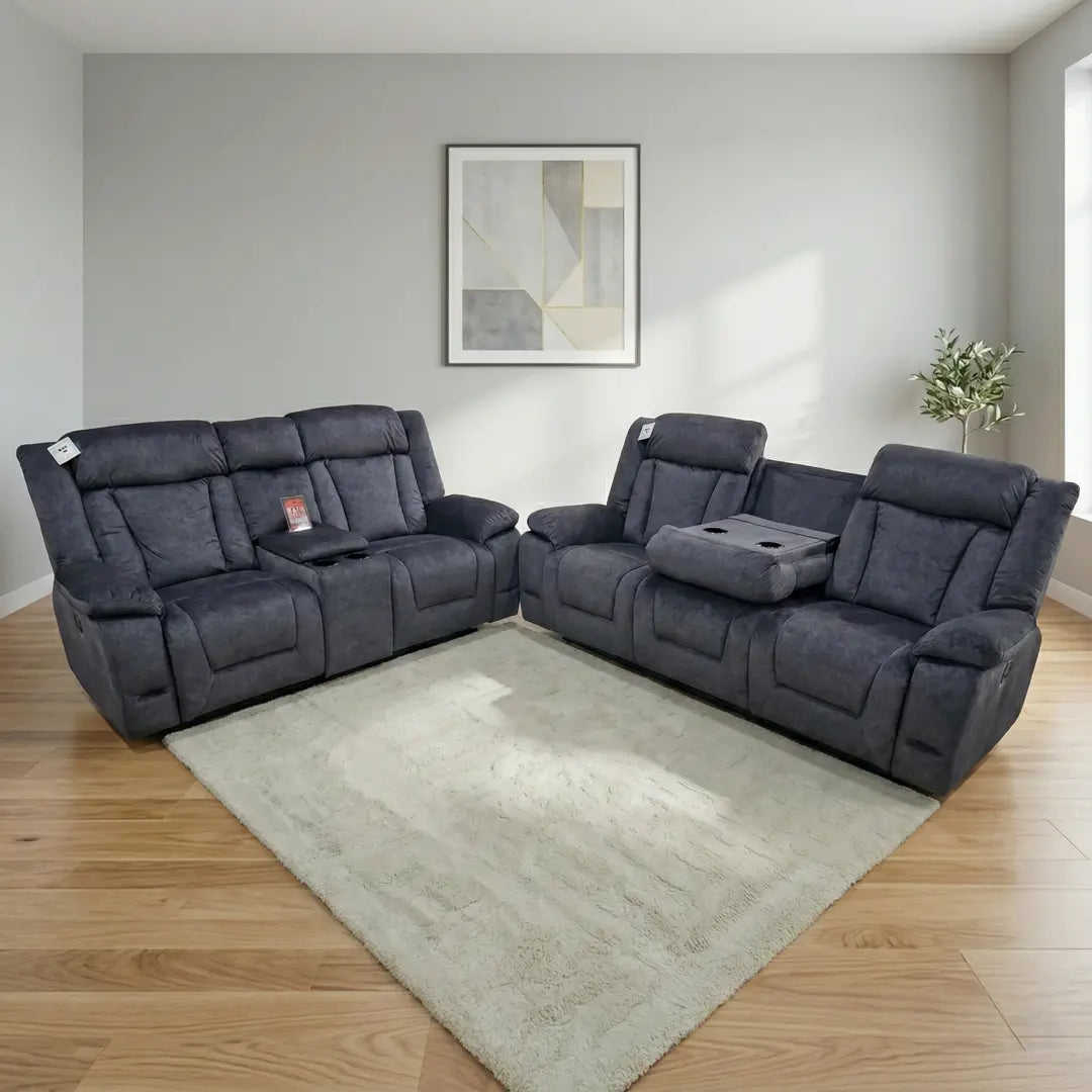 Beunis Aire 3+2 Plush Velvet Manual Recliner Sofa Set – Charcoal Dark Grey