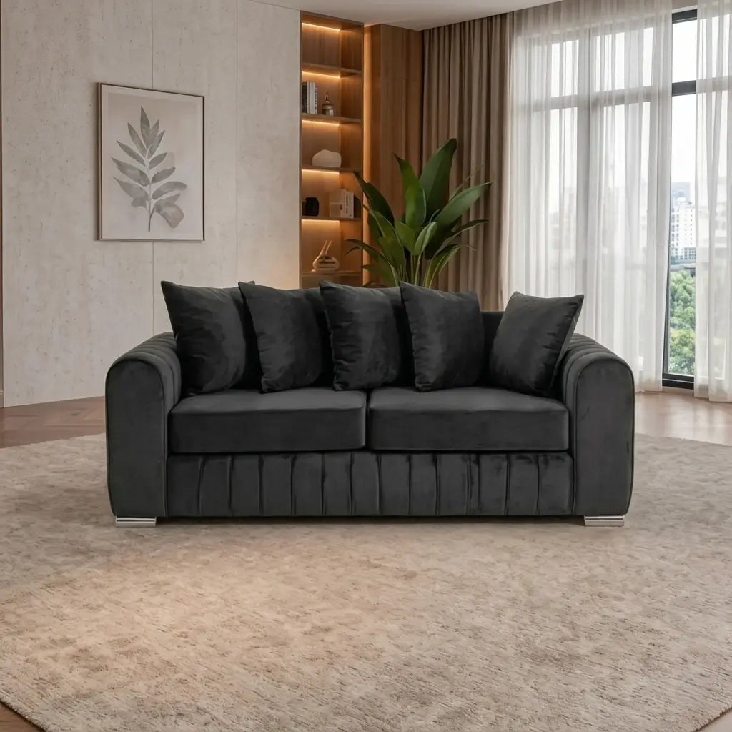 Lily Velvet Fabric Sofa Set 3+2 Seater Suite with Scatter Back Cushions in Grey, Black, Cream & Blue