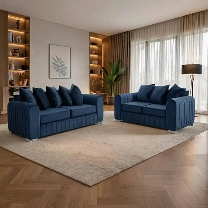 Lily Velvet Fabric Sofa Set 3+2 Seater Suite with Scatter Back Cushions in Grey, Black, Cream & Blue