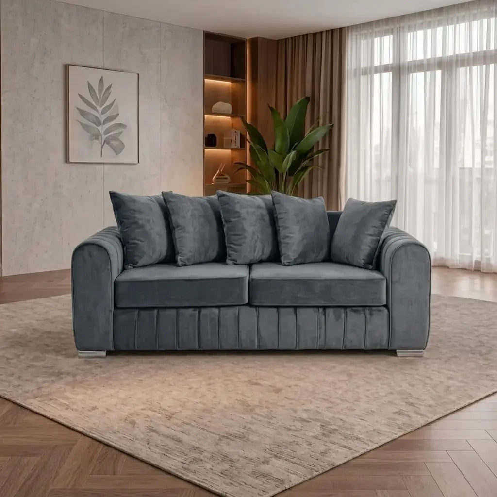 Lily Velvet Fabric Sofa Set 3+2 Seater Suite with Scatter Back Cushions in Grey, Black, Cream & Blue