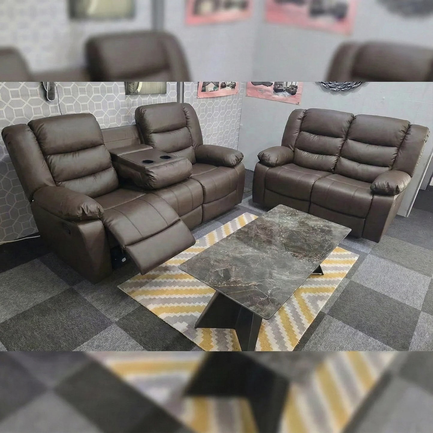 MNS Leather Recliner Sofa with Cupholders - 3+2 Seater Sofa - Black (3+2 Seater)