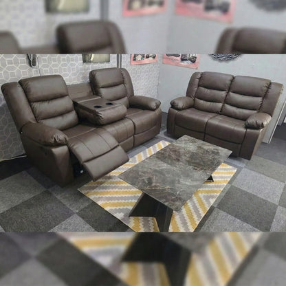MNS Leather Recliner Sofa with Cupholders - 3+2 Seater Sofa - Black (3+2 Seater)