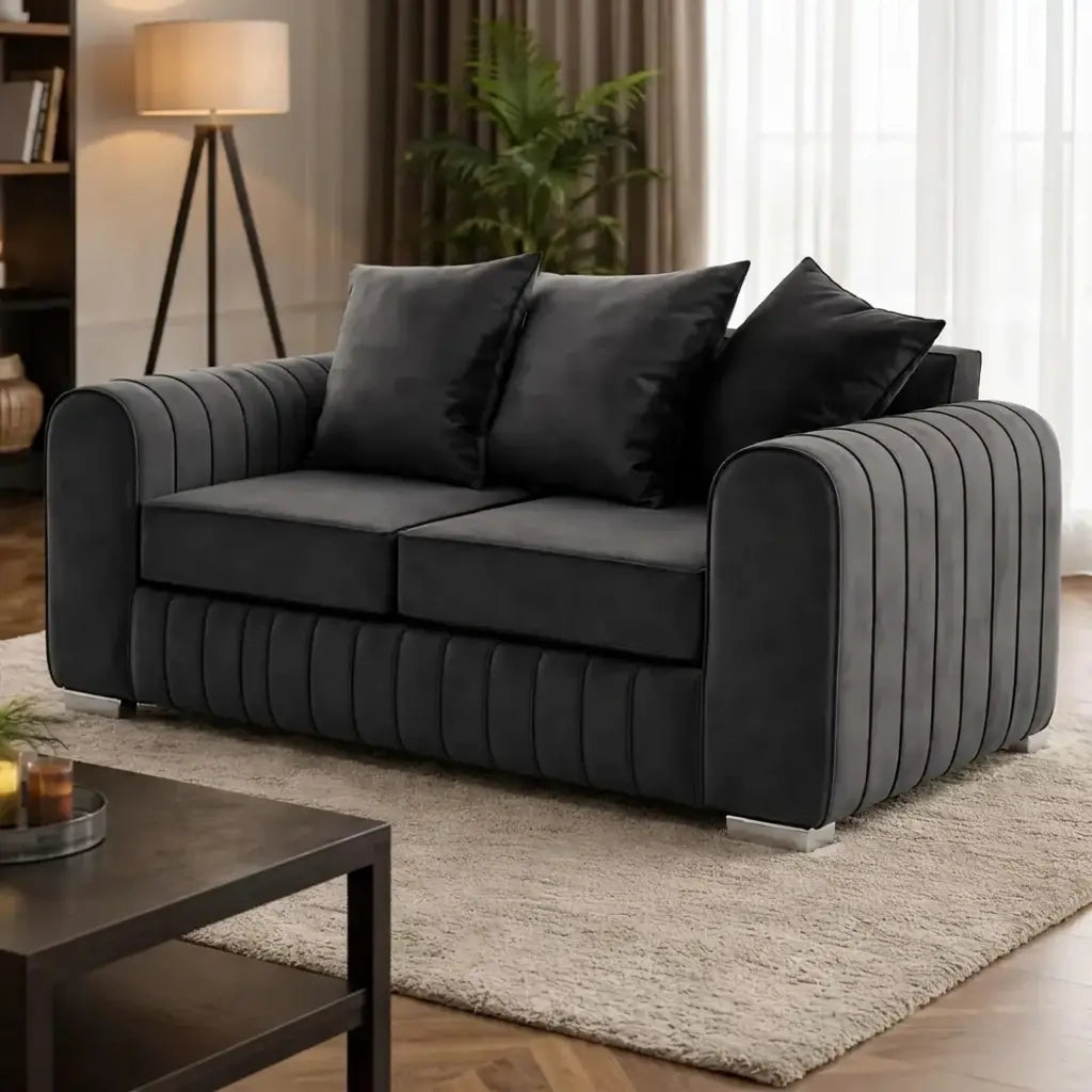 Lily Velvet Fabric Sofa Set 3+2 Seater Suite with Scatter Back Cushions in Grey, Black, Cream & Blue