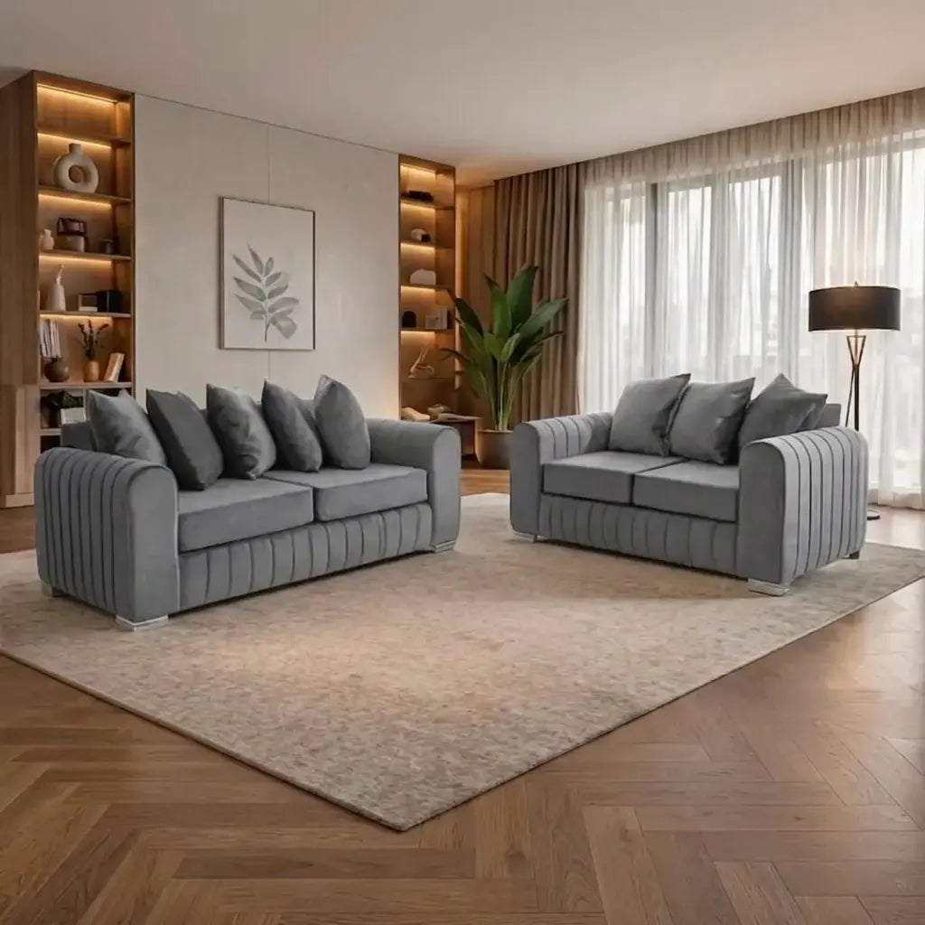 Lily Velvet Fabric Sofa Set 3+2 Seater Suite with Scatter Back Cushions in Grey, Black, Cream & Blue