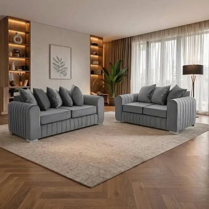 Lily Velvet Fabric Sofa Set 3+2 Seater Suite with Scatter Back Cushions in Grey, Black, Cream & Blue