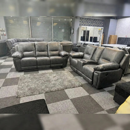 Sara Leather Electric Recliner Sofa 3+2 Seater Grey /LED Lights/USB Ports/Cup Holders