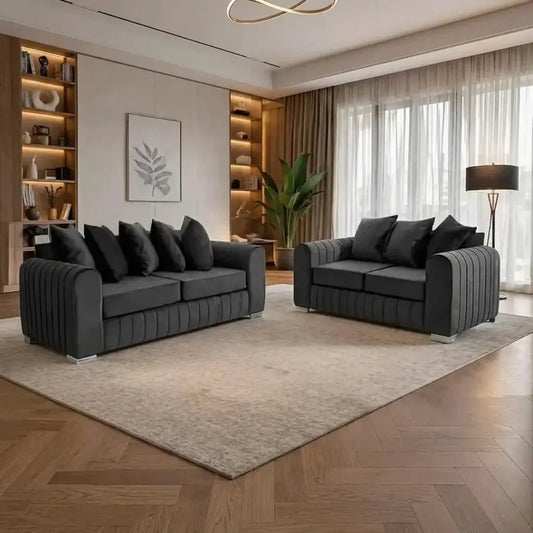 Lily Velvet Fabric Sofa Set 3+2 Seater Suite with Scatter Back Cushions in Grey, Black, Cream & Blue