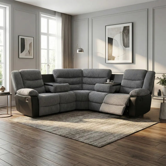 Rio Jumbo Cord Recliner Corner Sofa With Cupholders - Manual Reclining - Recliner Corner Sofa (Corner - Grey/Black)