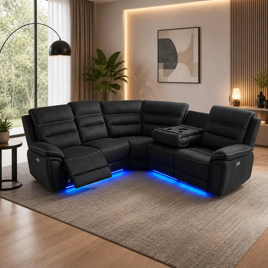 Venice Fabric Electric Recliner Sofa Set with LED Lighting, Corner Sofa with USB and Type-C Charging Ports, Wireless Charging & Cup Holders