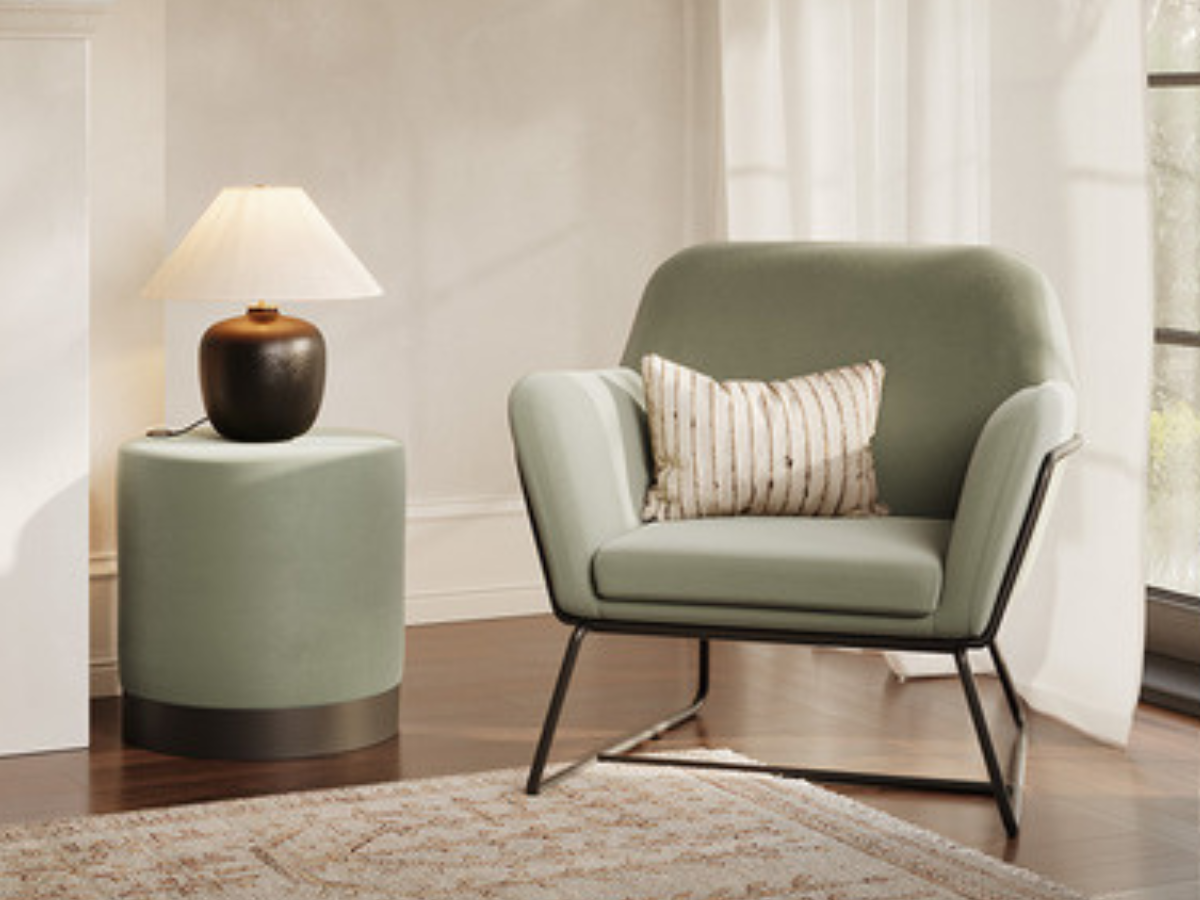 Lara Footstool Sage Green Plush Velvet with Matt Black Circular Frame